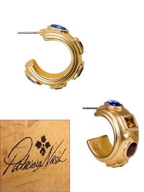 PATRICIA NASH Renaissance Gold Tone Multicolor Stone Hoop Earrings NWT